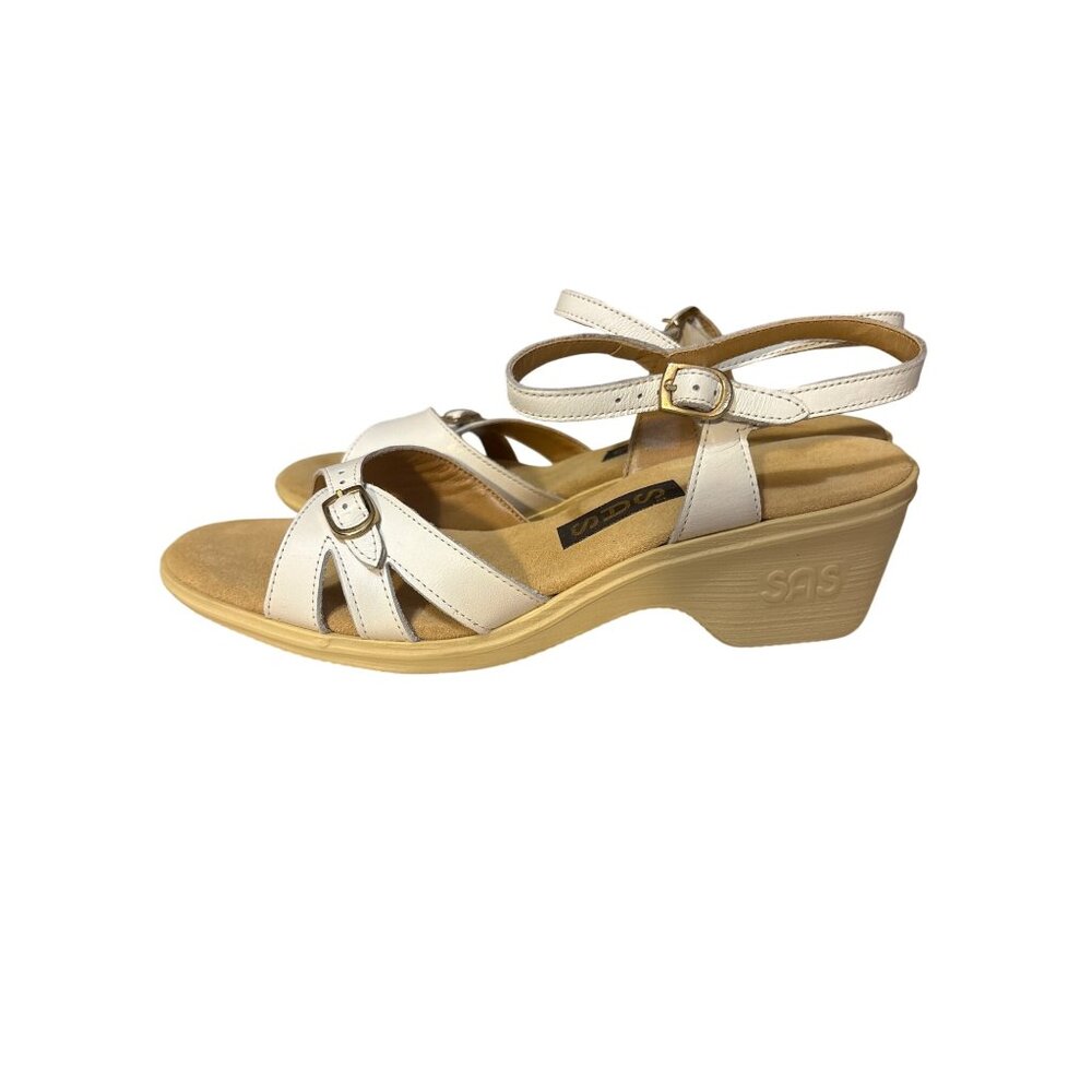 Vintage SAS Womens White Leather Wedge Sandals Size 9N Adjustable Straps‎